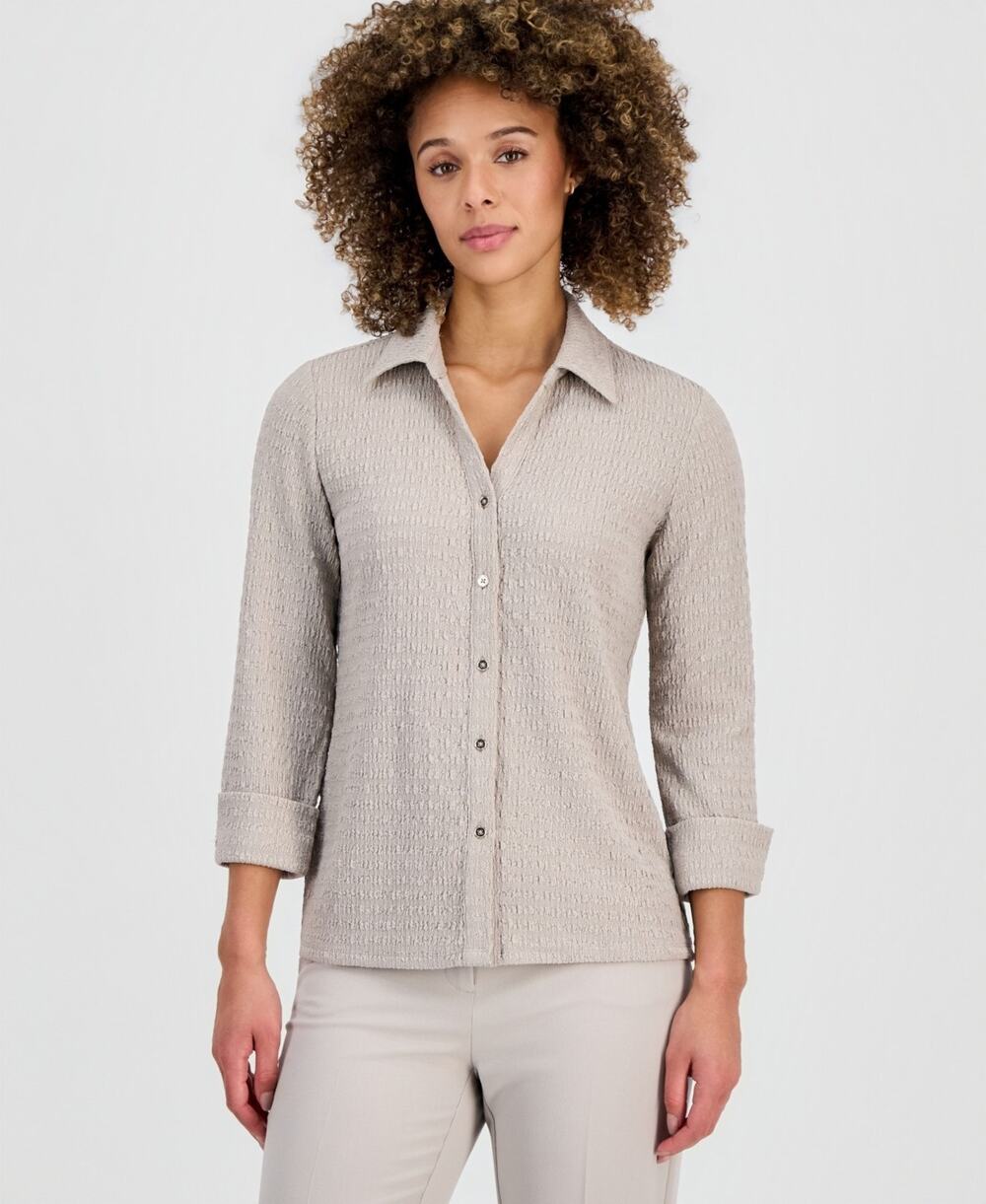 Kasper Women's 3/4 Sleeve Button-Front Shirt Summer Straw Size PL 3877